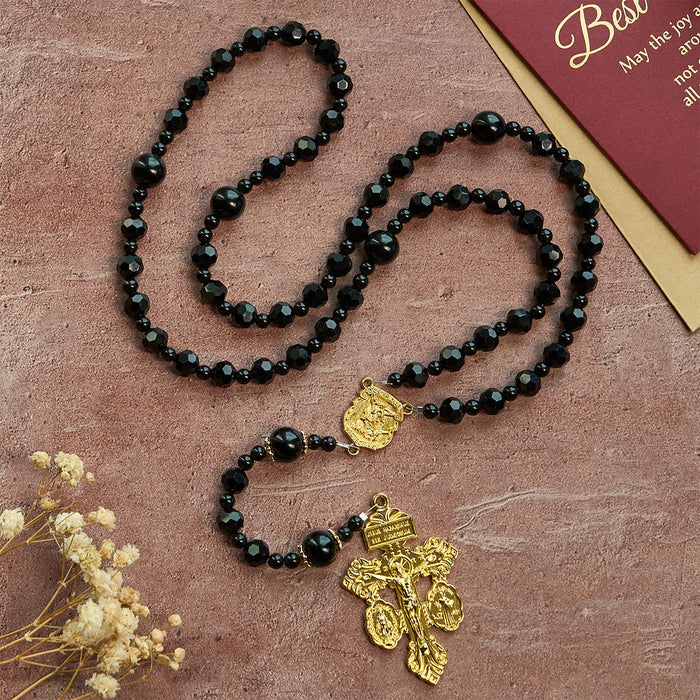 St. Michael and Pardon Crucifix of Faceted Black Bead Handmade Rosary