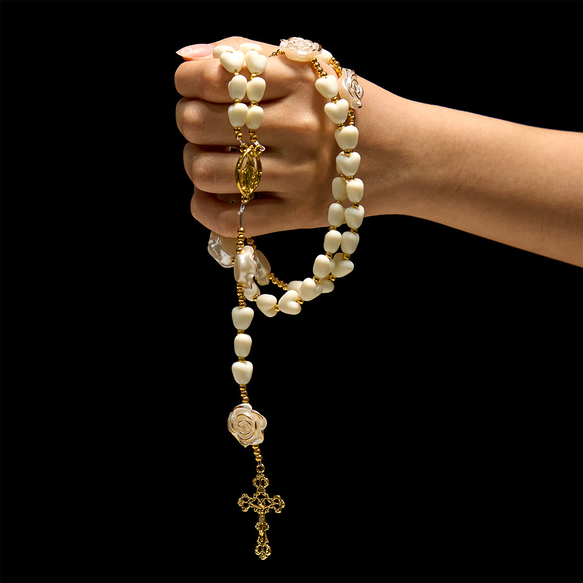 10mm Luminous Heart and White Rose Rosary: Mary's Gentle Protection