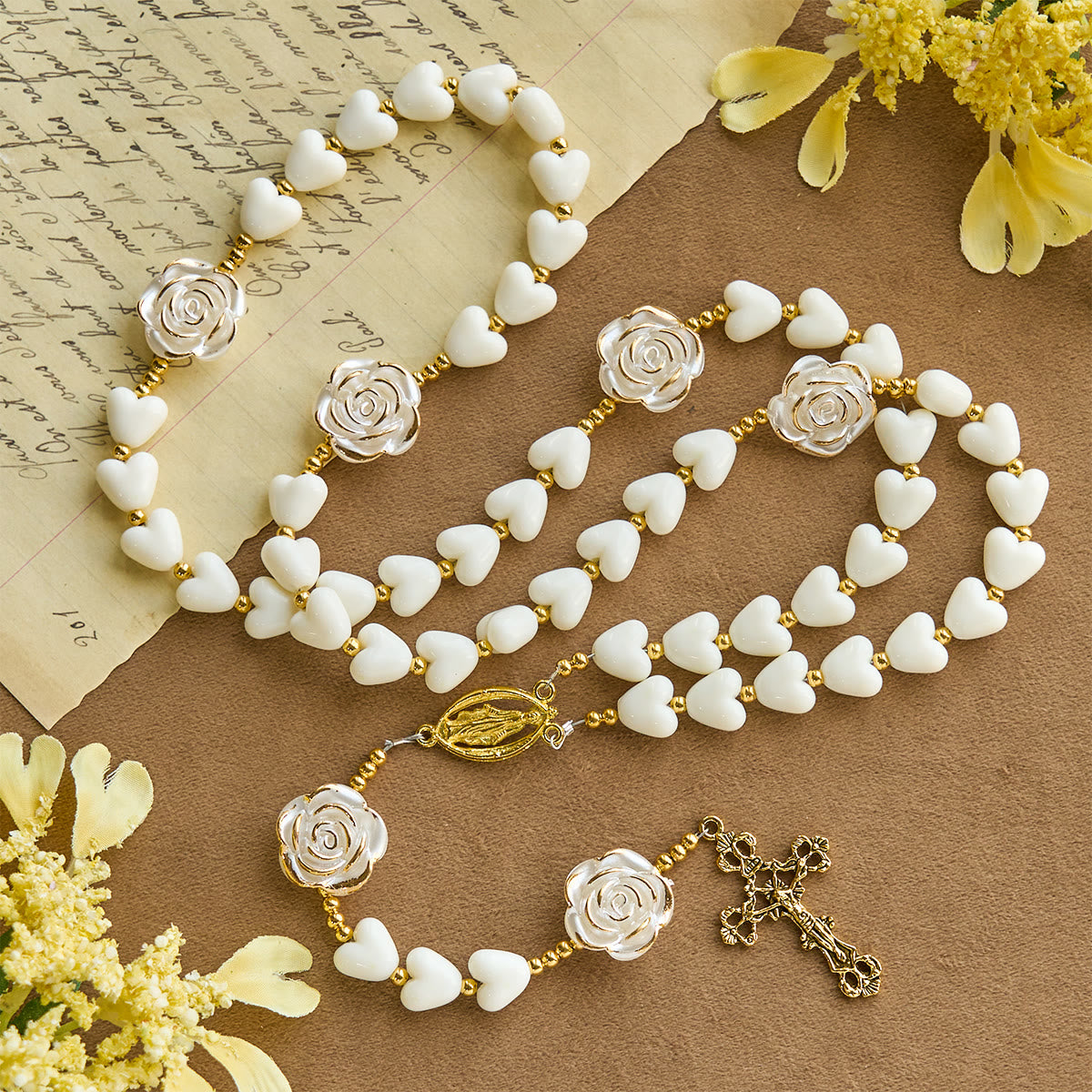 10mm Luminous Heart and White Rose Rosary: Mary's Gentle Protection