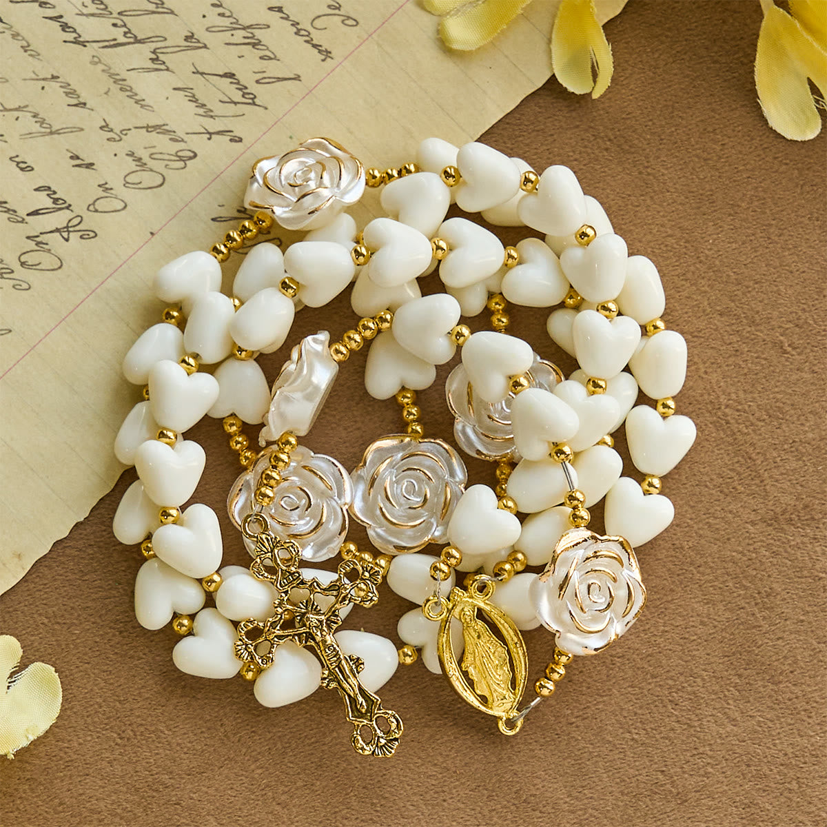 10mm Luminous Heart and White Rose Rosary: Mary's Gentle Protection
