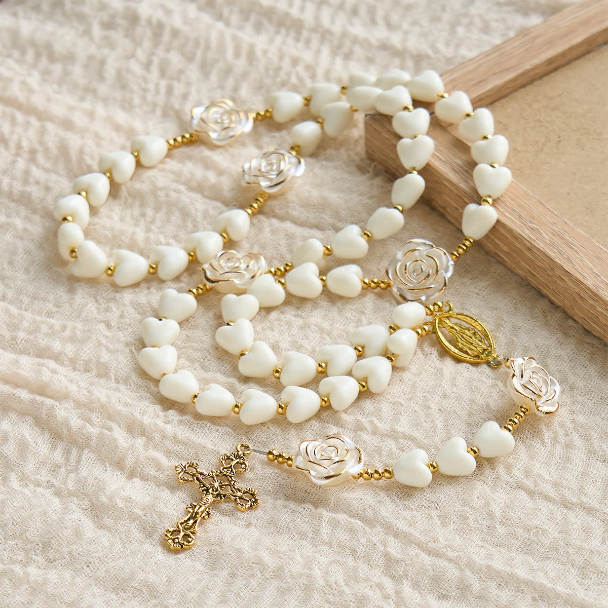 10mm Luminous Heart and White Rose Rosary: Mary's Gentle Protection