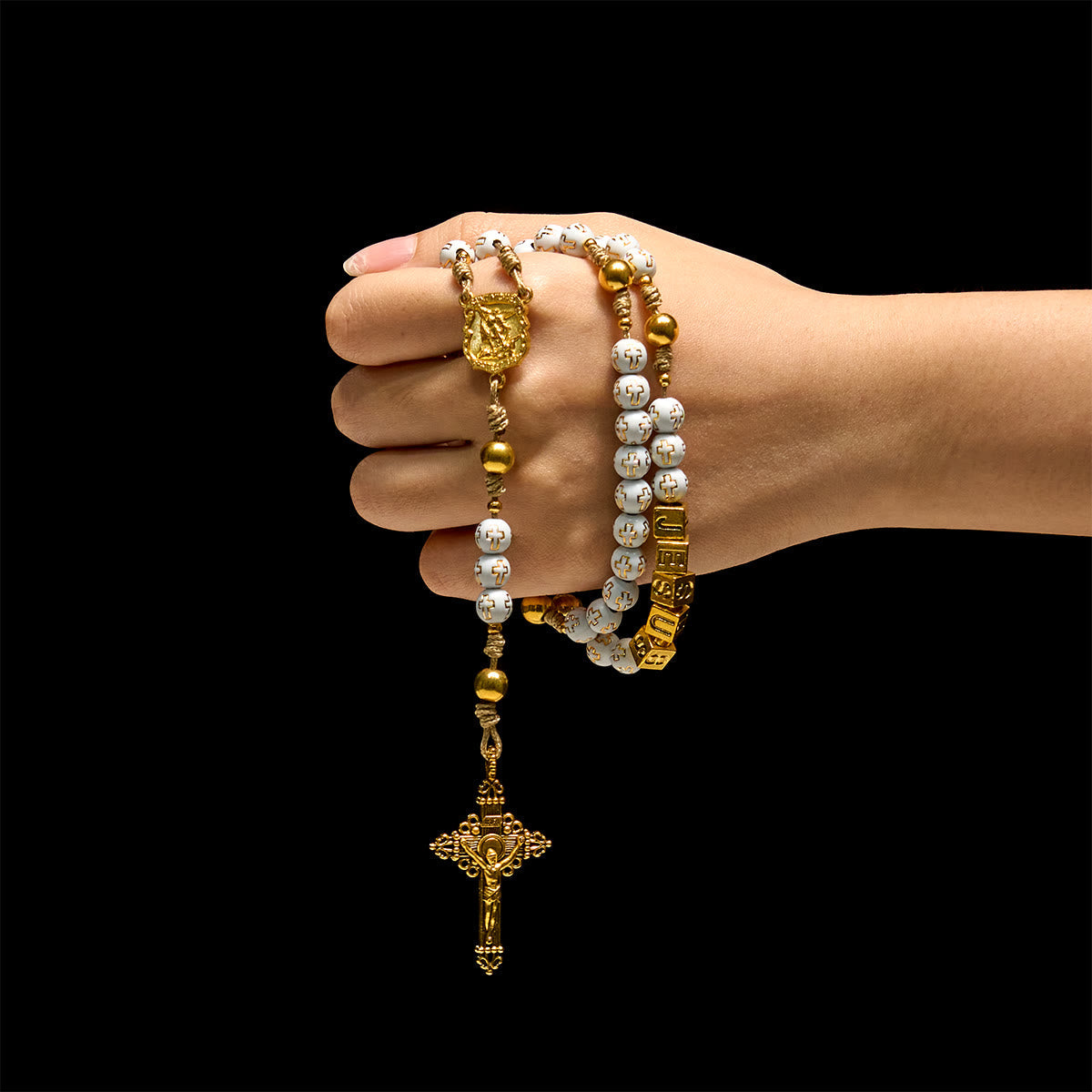 Ivory Golden Cross Beads Prayer Rosary with St. Michael & Personalized JESUS Letter