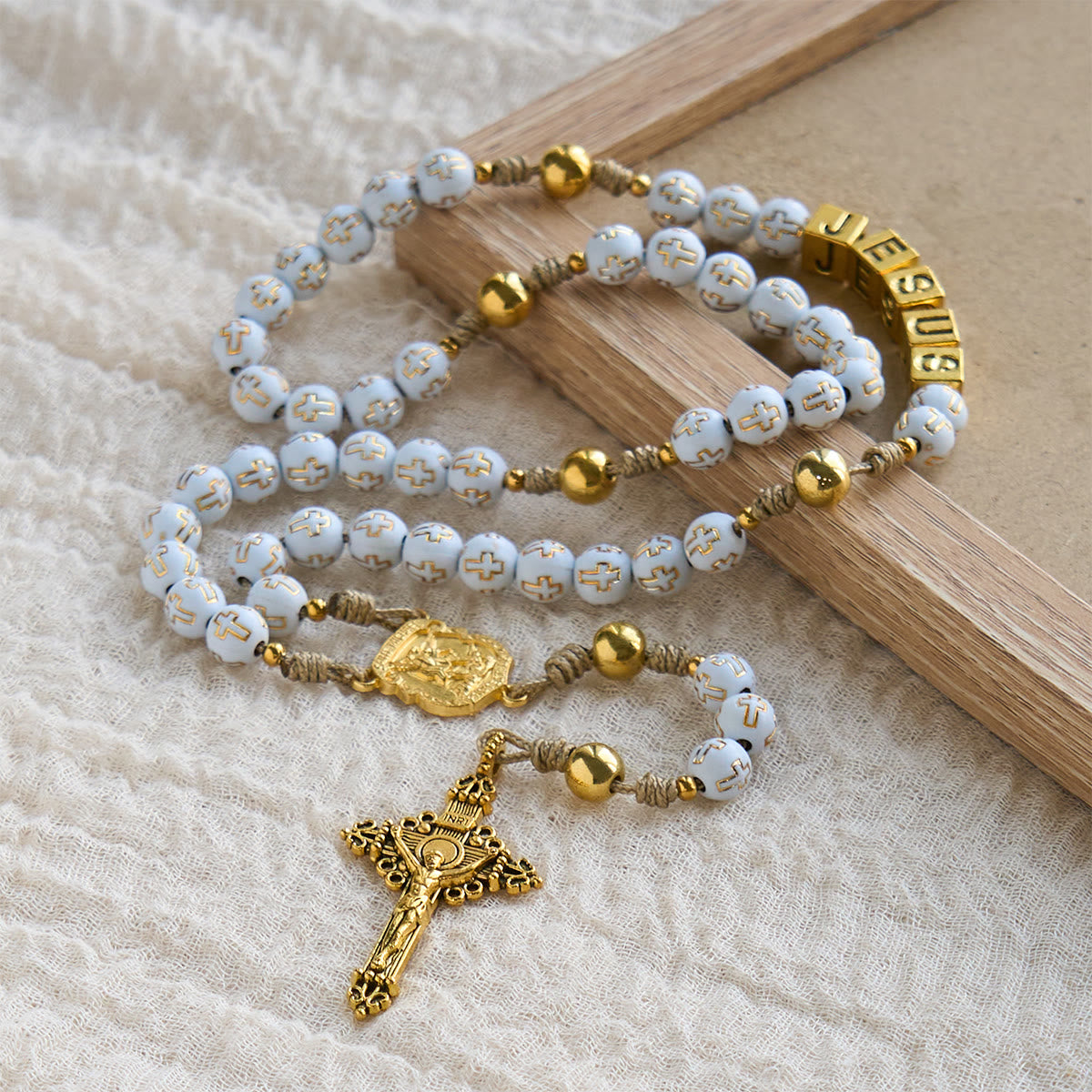 Ivory Golden Cross Beads Prayer Rosary with St. Michael & Personalized JESUS Letter