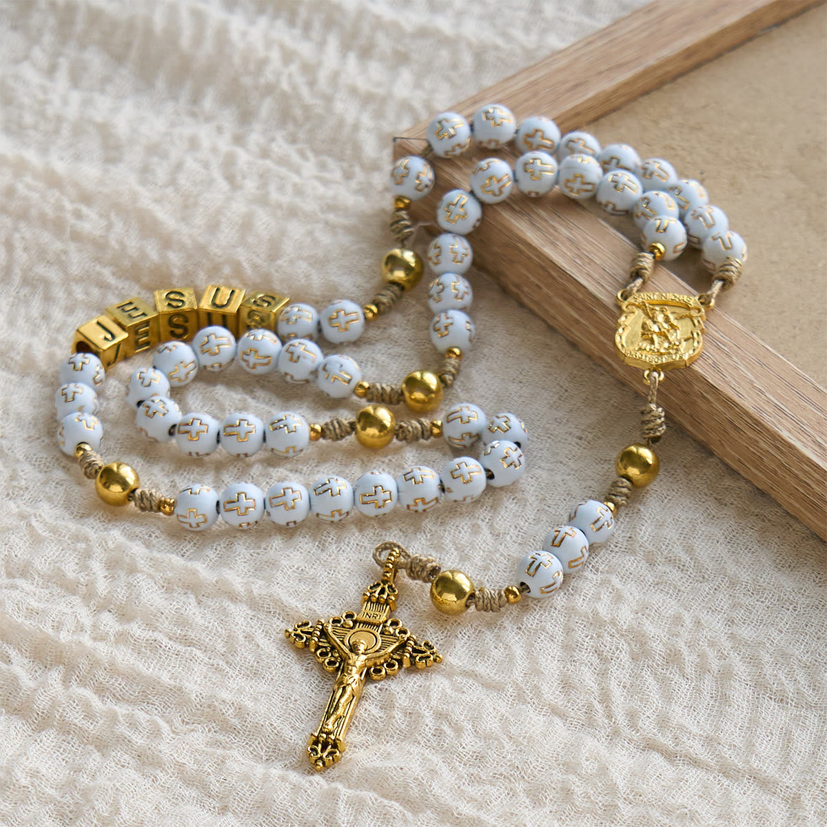Ivory Golden Cross Beads Prayer Rosary with St. Michael & Personalized JESUS Letter