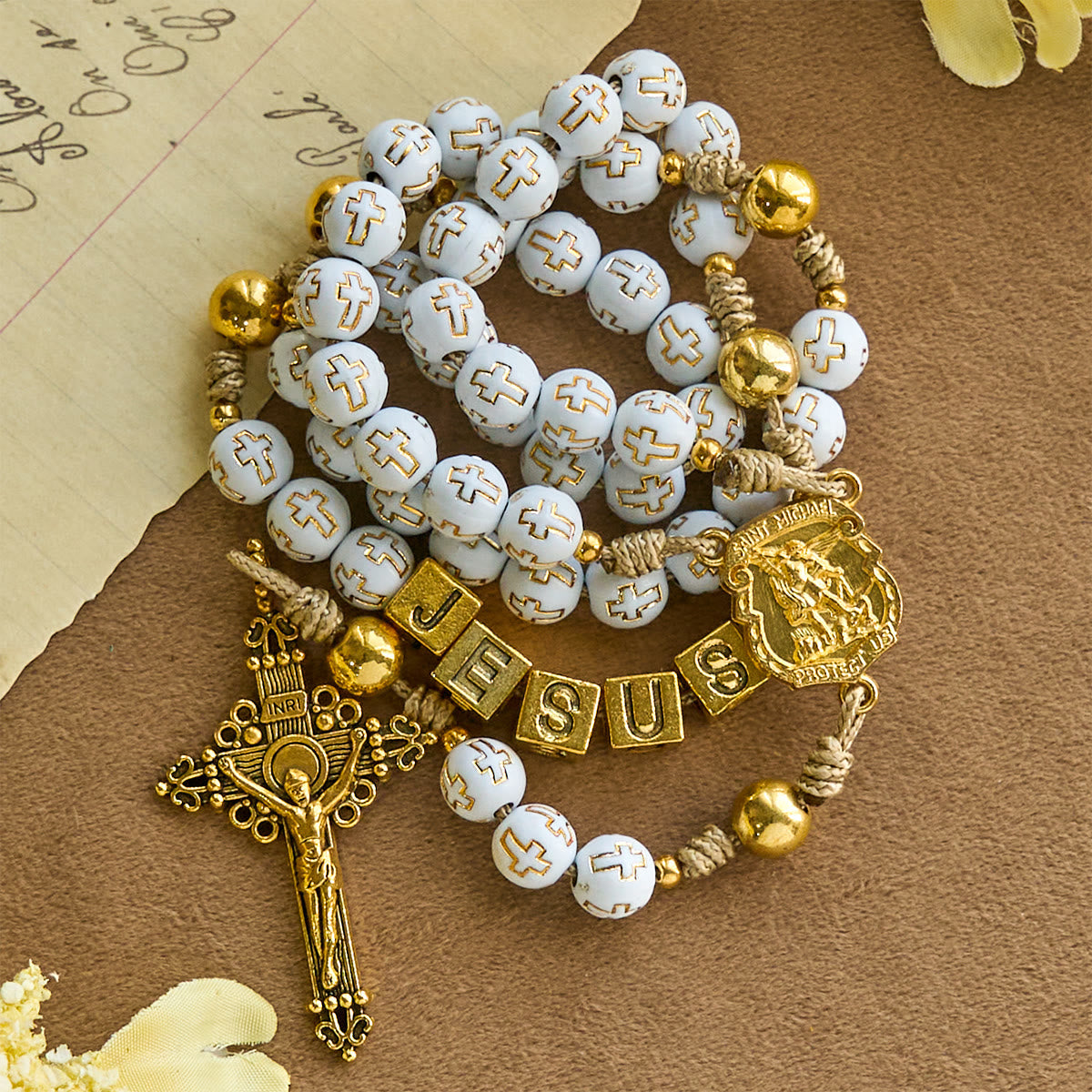 Ivory Golden Cross Beads Prayer Rosary with St. Michael & Personalized JESUS Letter