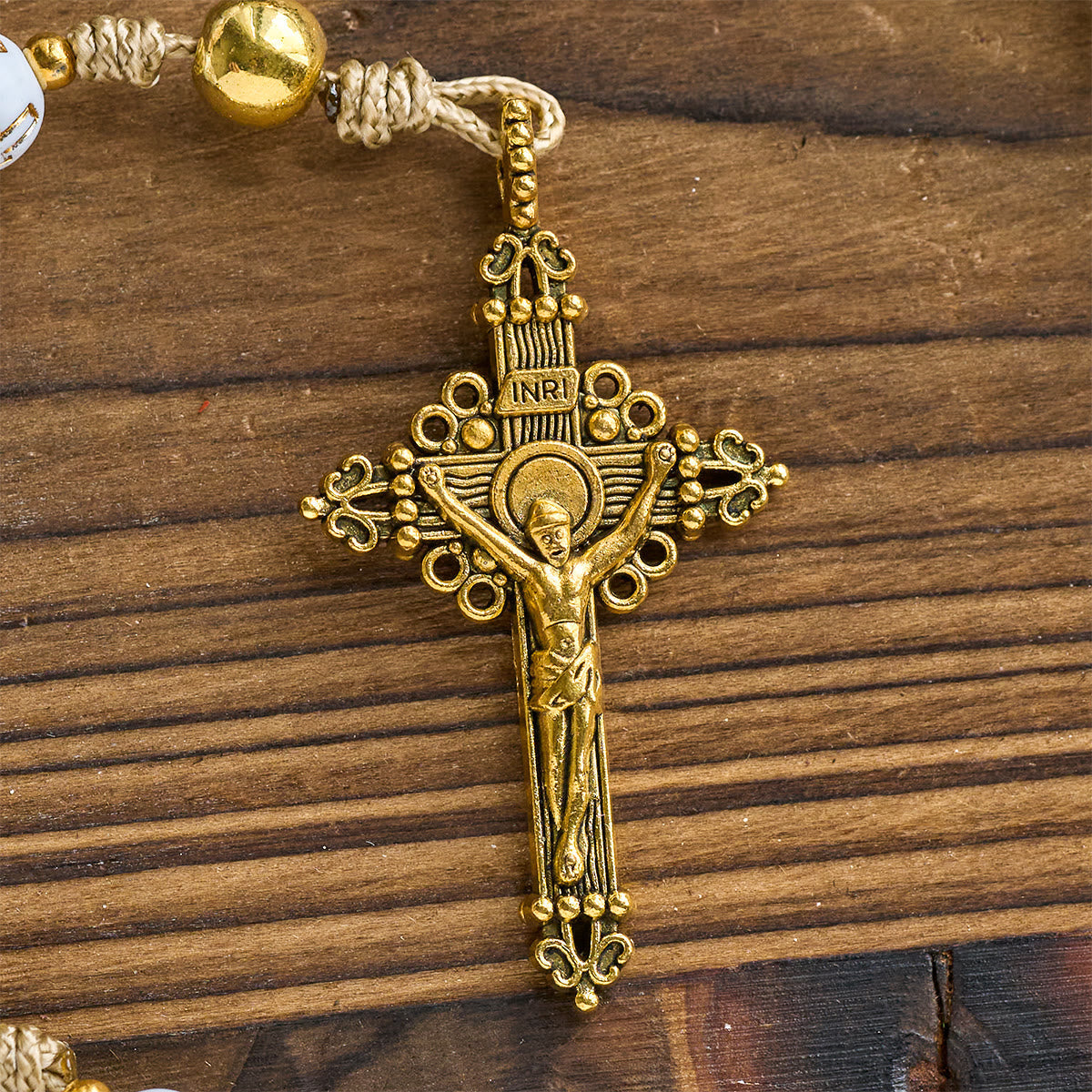 Ivory Golden Cross Beads Prayer Rosary with St. Michael & Personalized JESUS Letter