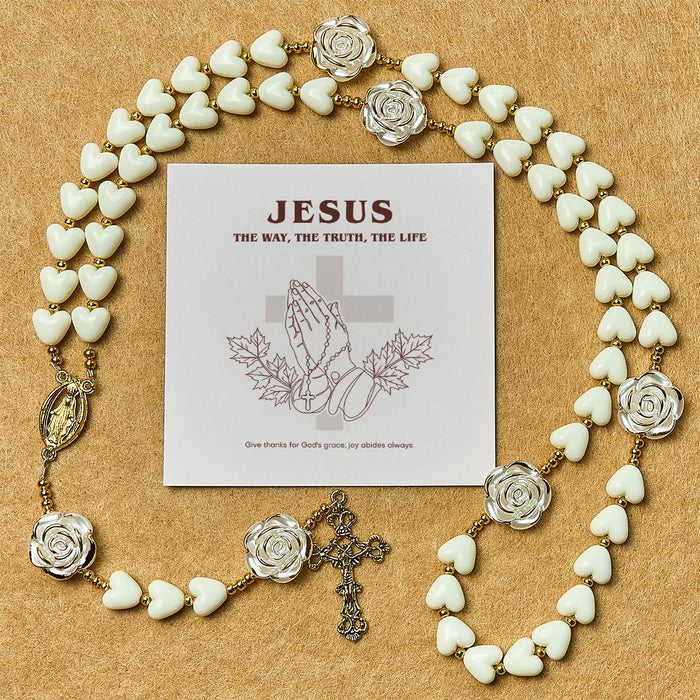 Thanksgiving Gift: 10mm Luminous Heart and White Rose Rosary: Mary's Gentle Protection