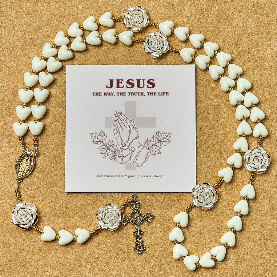 Thanksgiving Gift: 10mm Luminous Heart and White Rose Rosary: Mary's Gentle Protection
