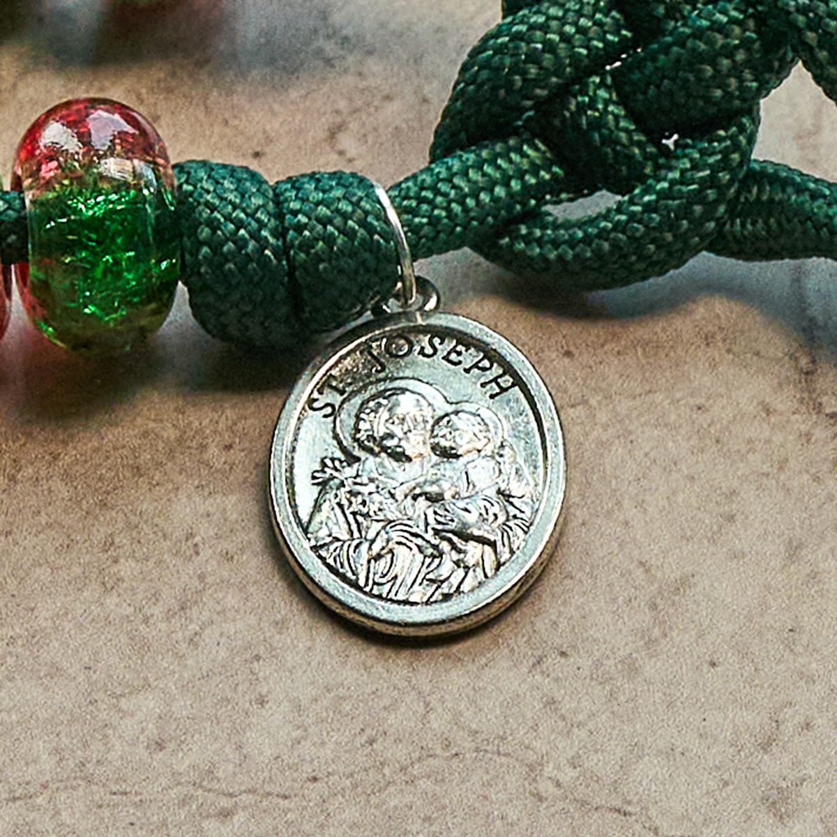 Holy Family Blessing Christmas Paracord Rosary with Glossy Red Green Beads