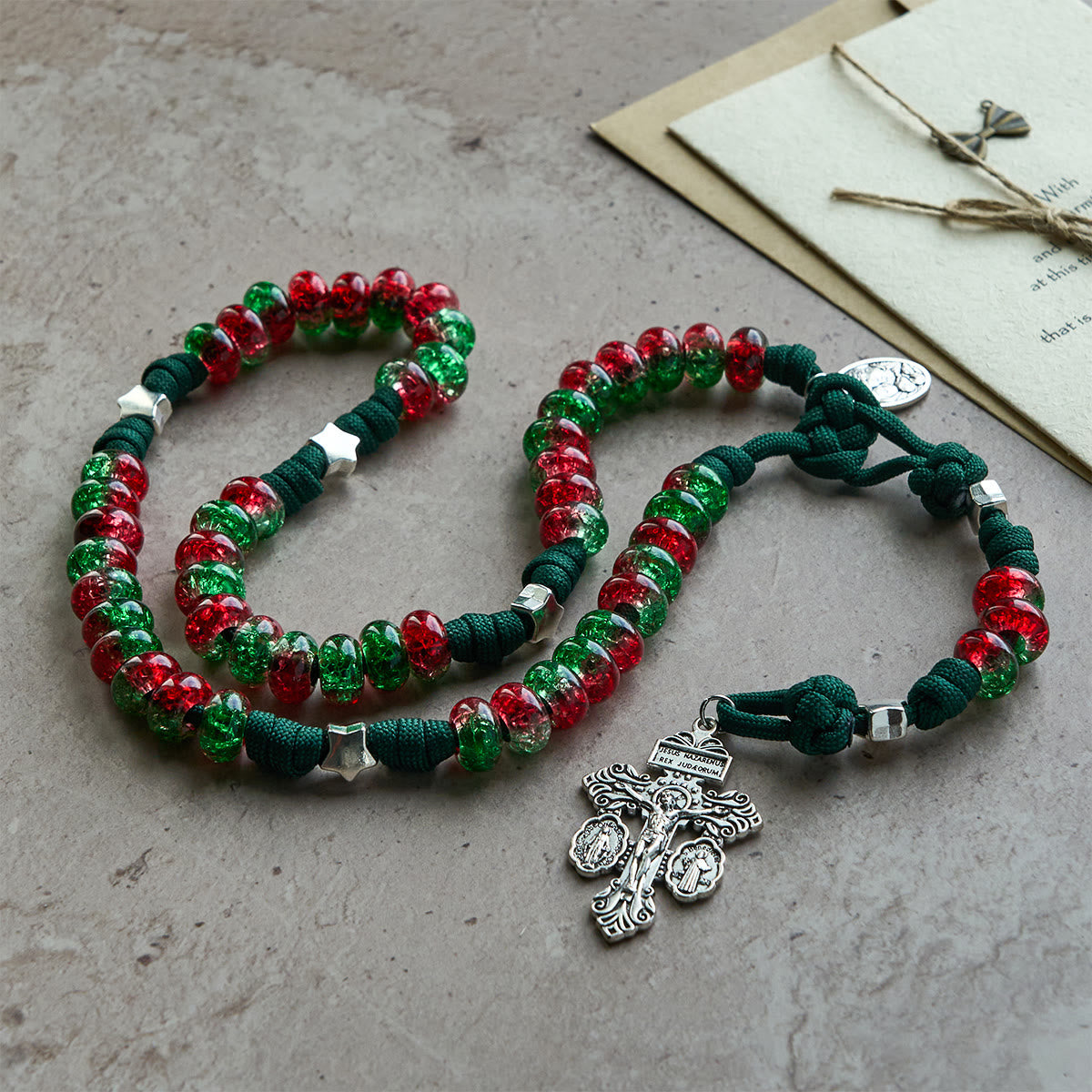 Holy Family Blessing Christmas Paracord Rosary with Glossy Red Green Beads
