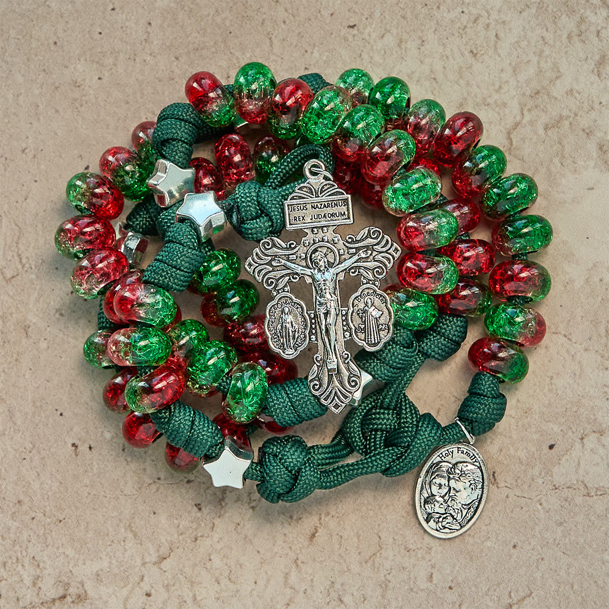 Holy Family Blessing Christmas Paracord Rosary with Glossy Red Green Beads