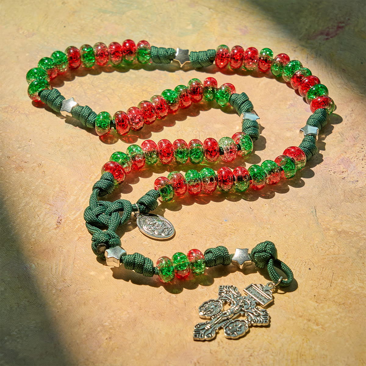 Holy Family Blessing Christmas Paracord Rosary with Glossy Red Green Beads