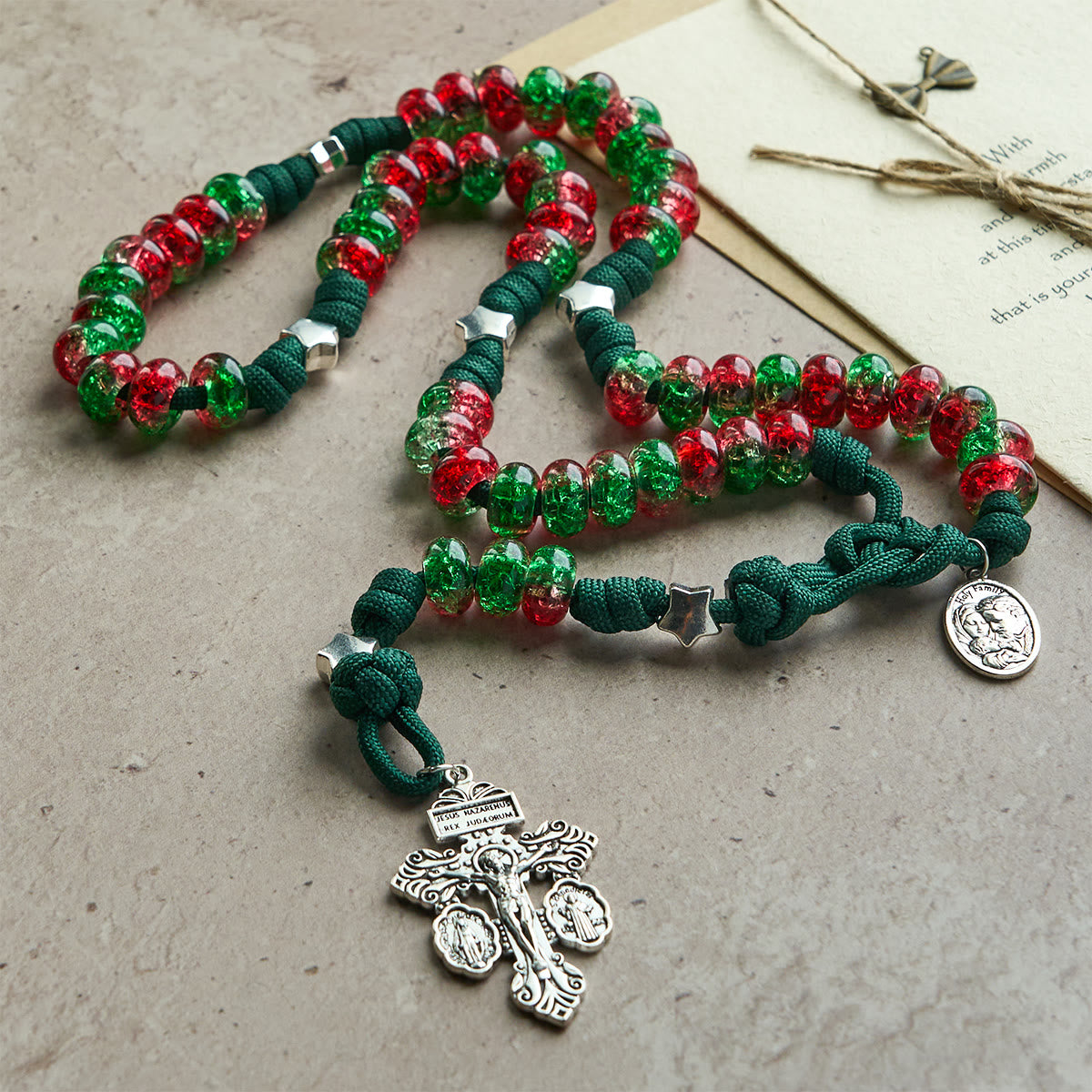 Holy Family Blessing Christmas Paracord Rosary with Glossy Red Green Beads