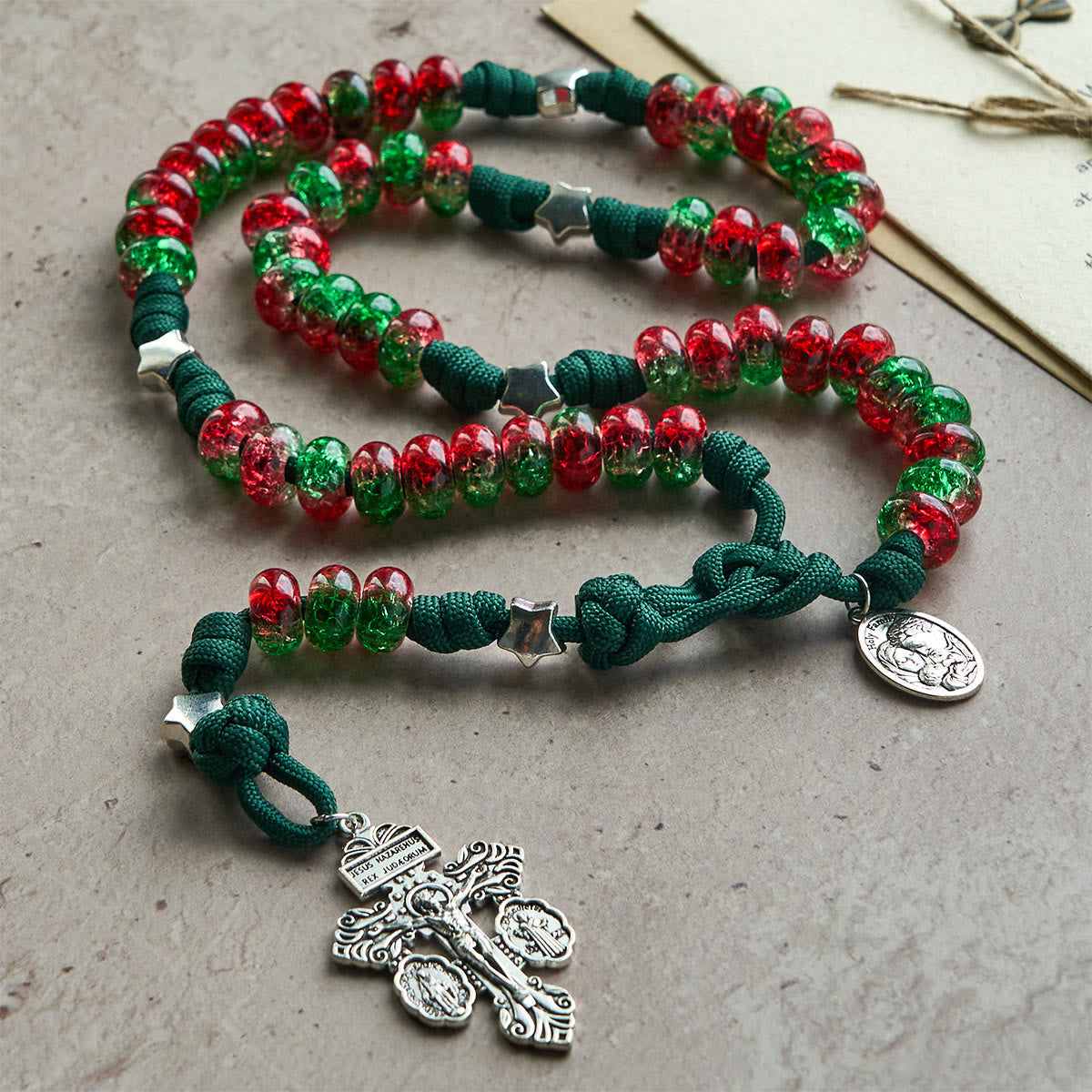 Holy Family Blessing Christmas Paracord Rosary with Glossy Red Green Beads