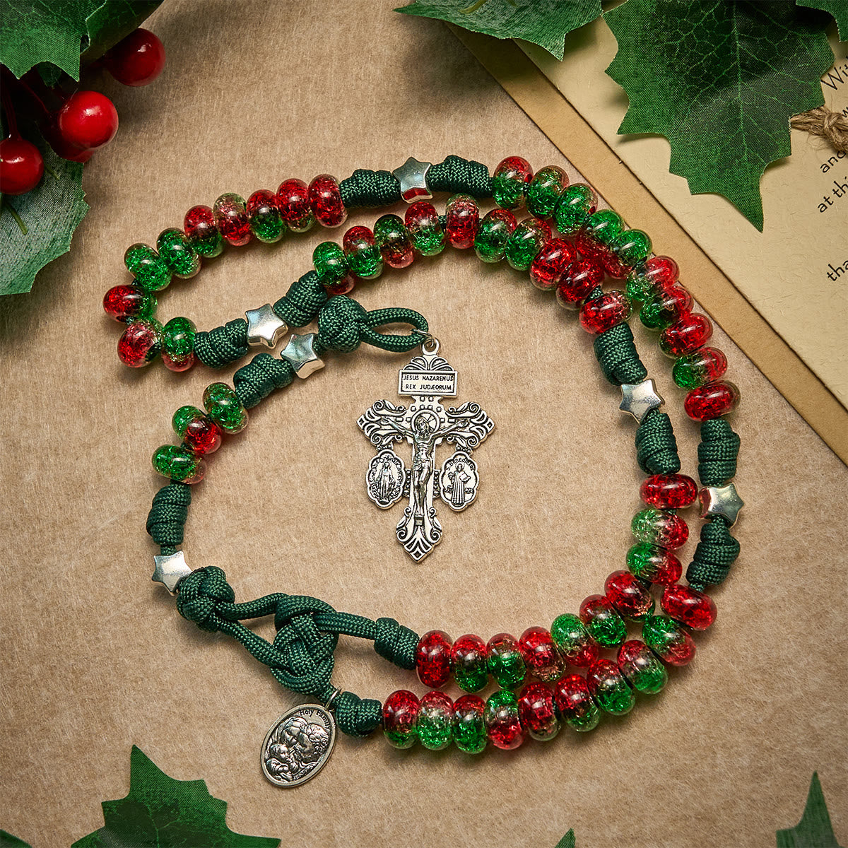 Holy Family Blessing Christmas Paracord Rosary with Glossy Red Green Beads