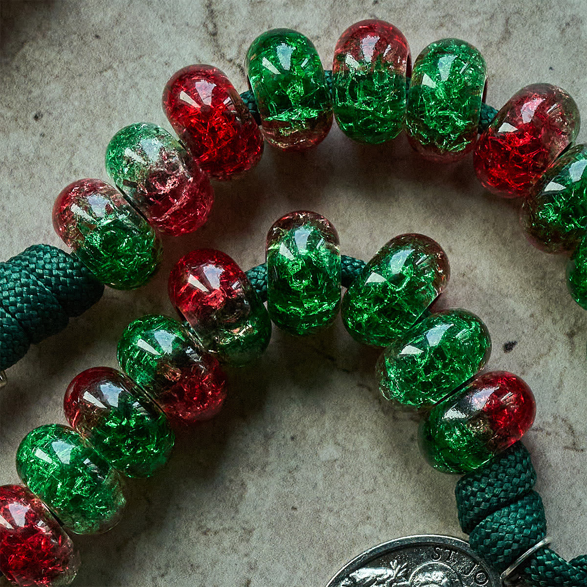 Holy Family Blessing Christmas Paracord Rosary with Glossy Red Green Beads