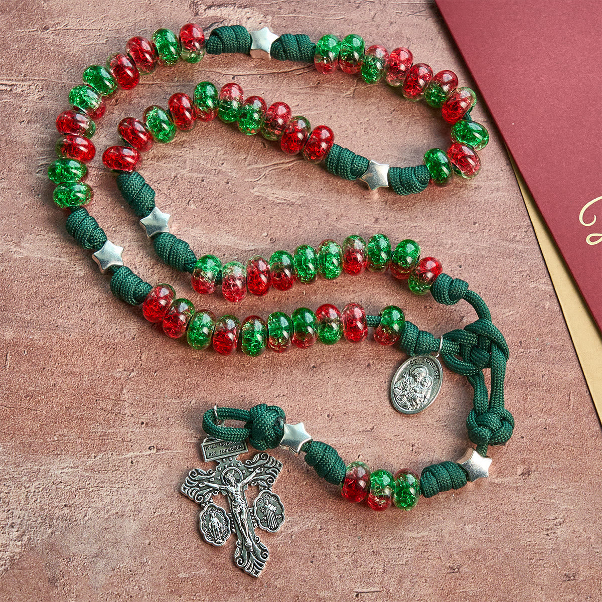 Holy Family Blessing Christmas Paracord Rosary with Glossy Red Green Beads