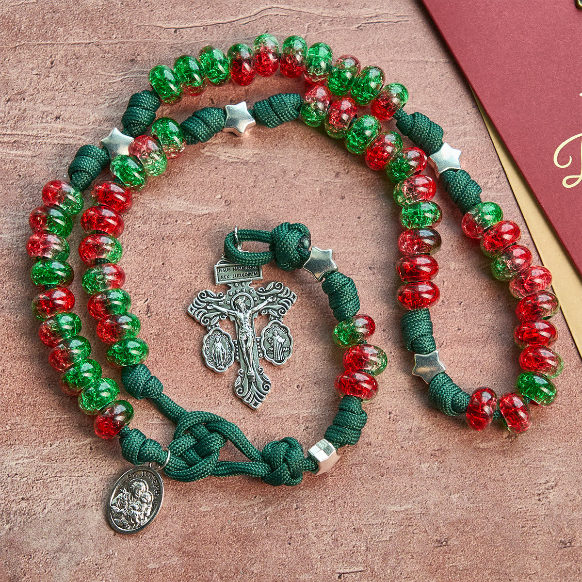 Holy Family Blessing Christmas Paracord Rosary with Glossy Red Green Beads