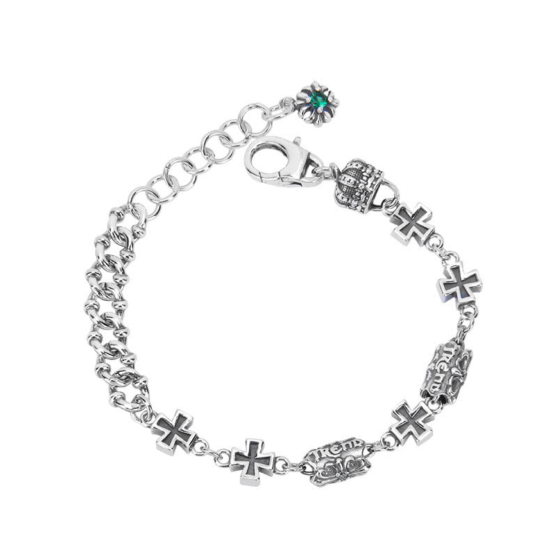 Classic 925 Sterling Silver Cross Bracelet with Gothic Floral Beads