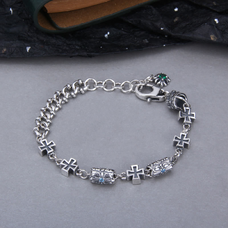 Classic 925 Sterling Silver Cross Bracelet with Gothic Floral Beads