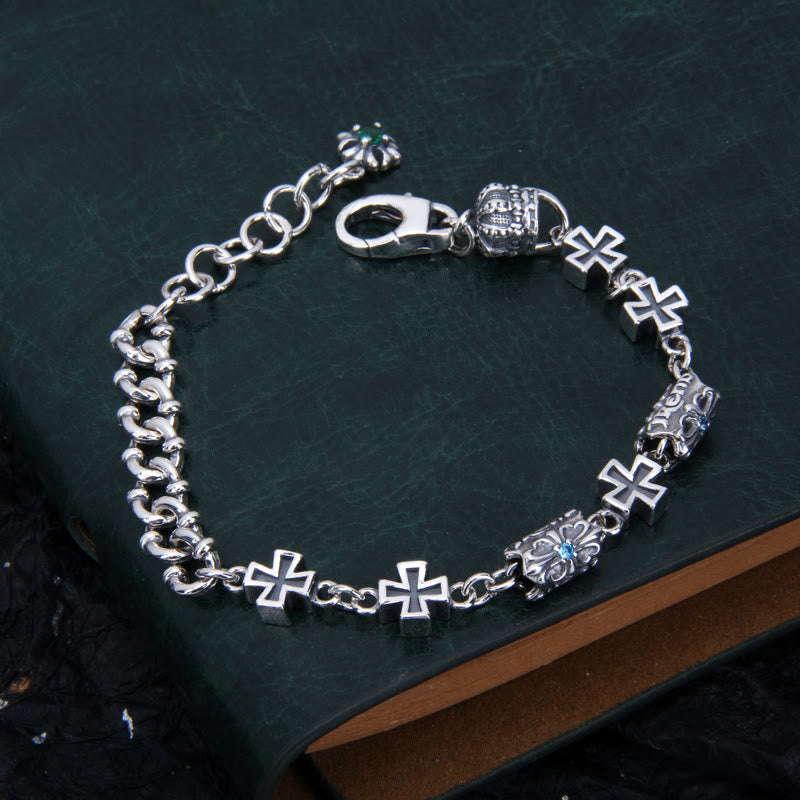 Classic 925 Sterling Silver Cross Bracelet with Gothic Floral Beads