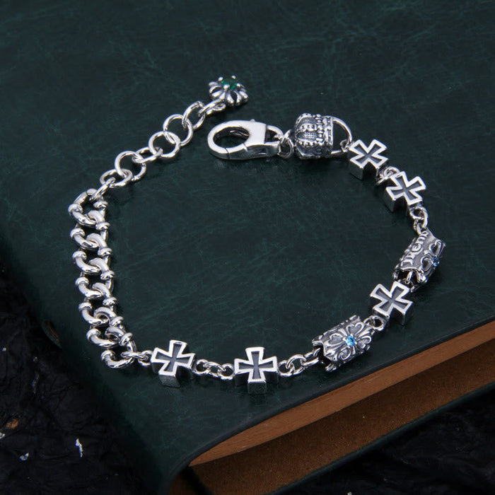Classic 925 Sterling Silver Cross Bracelet with Gothic Floral Beads