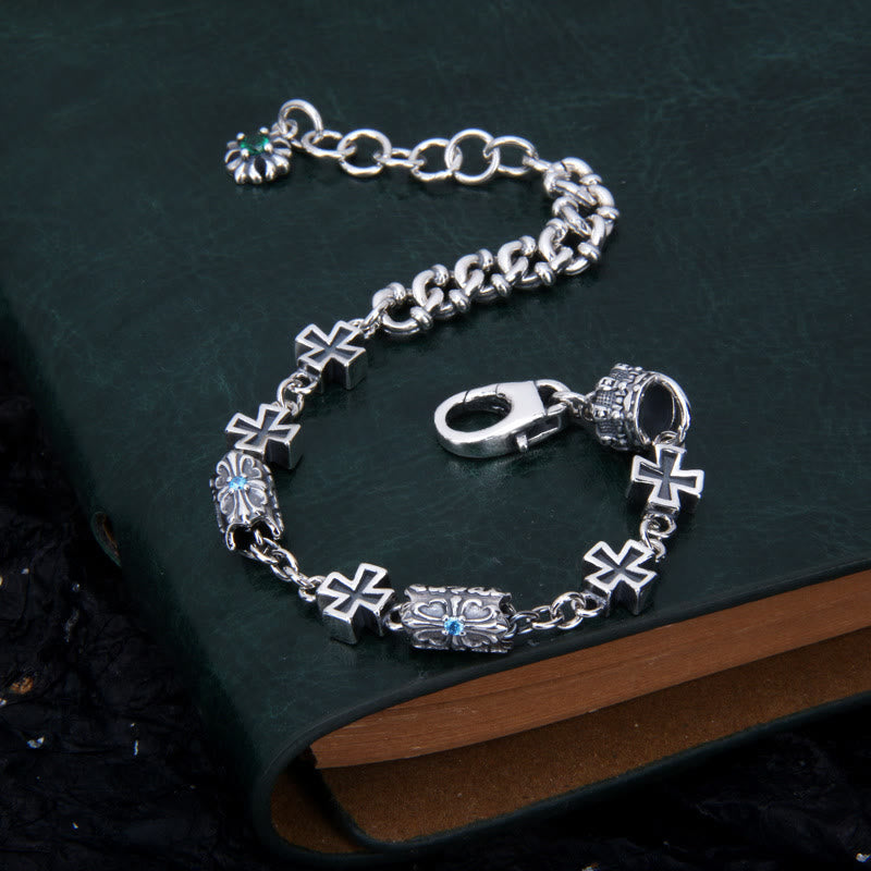 Classic 925 Sterling Silver Cross Bracelet with Gothic Floral Beads