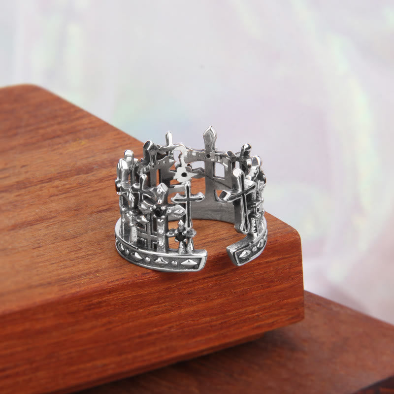 925 Sterling Gothic Lattice Cross Crown Ring with Church Motifs