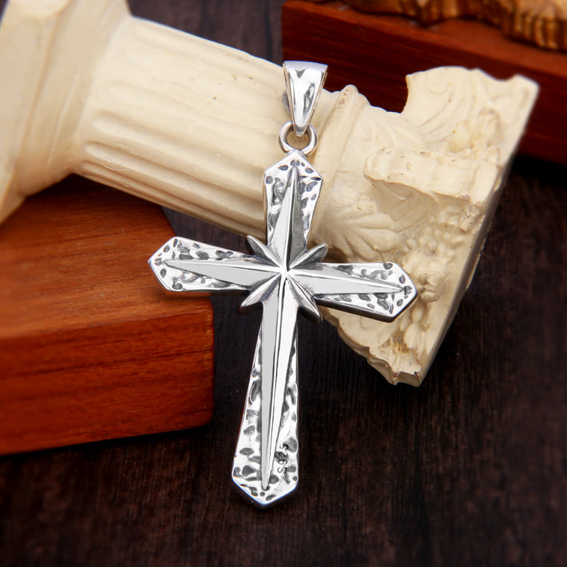 Gothic Inspired Sterling Cross Pendant Necklace with Carved Starburst