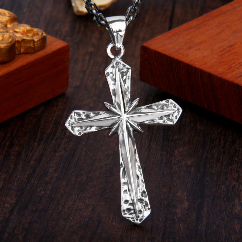 Gothic Inspired Sterling Cross Pendant Necklace with Carved Starburst