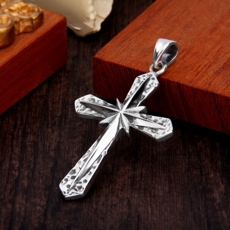 Gothic Inspired Sterling Cross Pendant Necklace with Carved Starburst