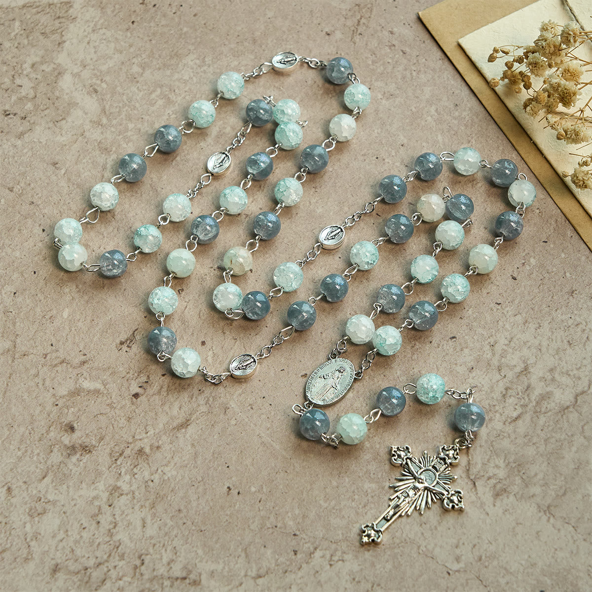 Handmade Original Grey Blue Rosary with Miraculous Medal: A Unique Expression of Faith