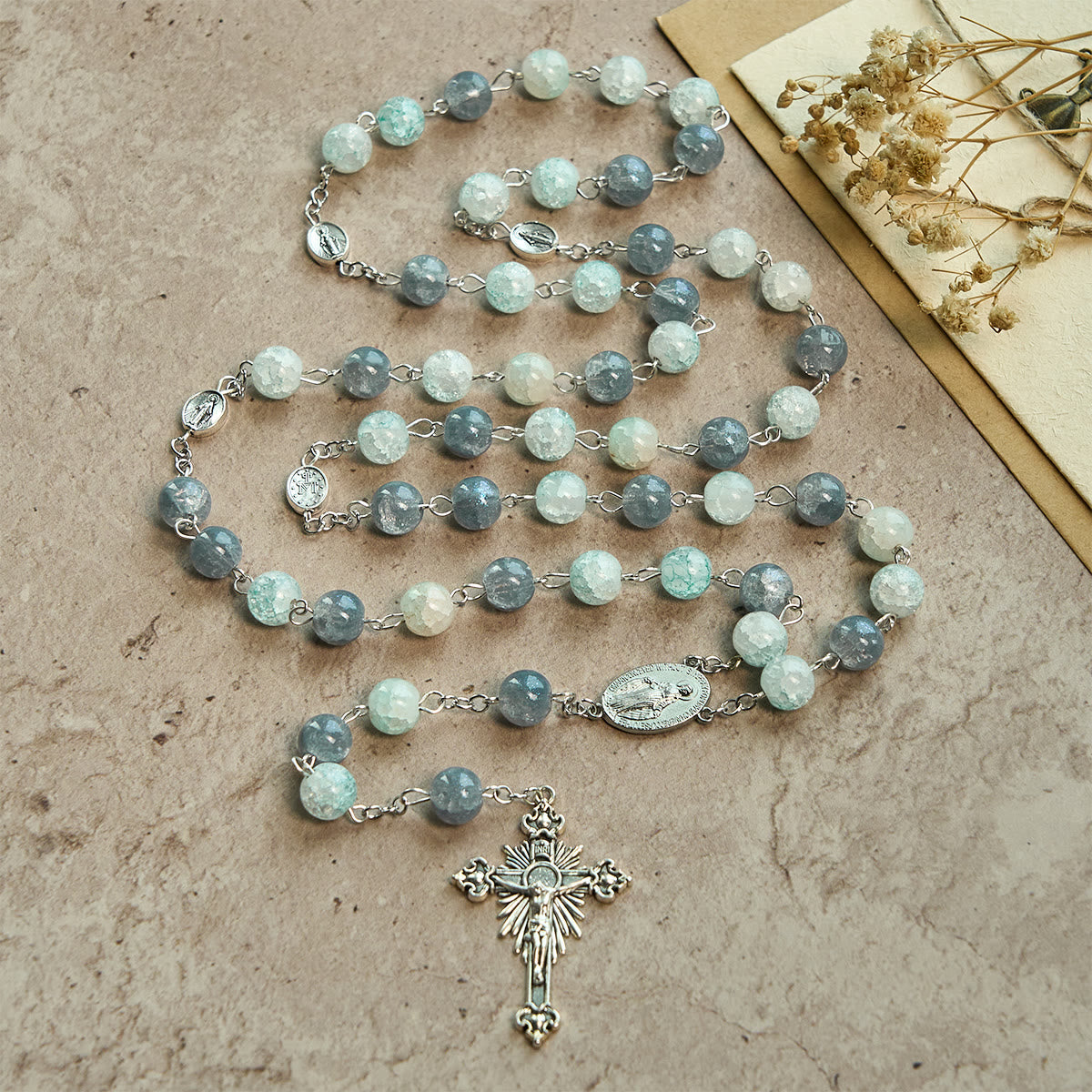 Handmade Original Grey Blue Rosary with Miraculous Medal: A Unique Expression of Faith