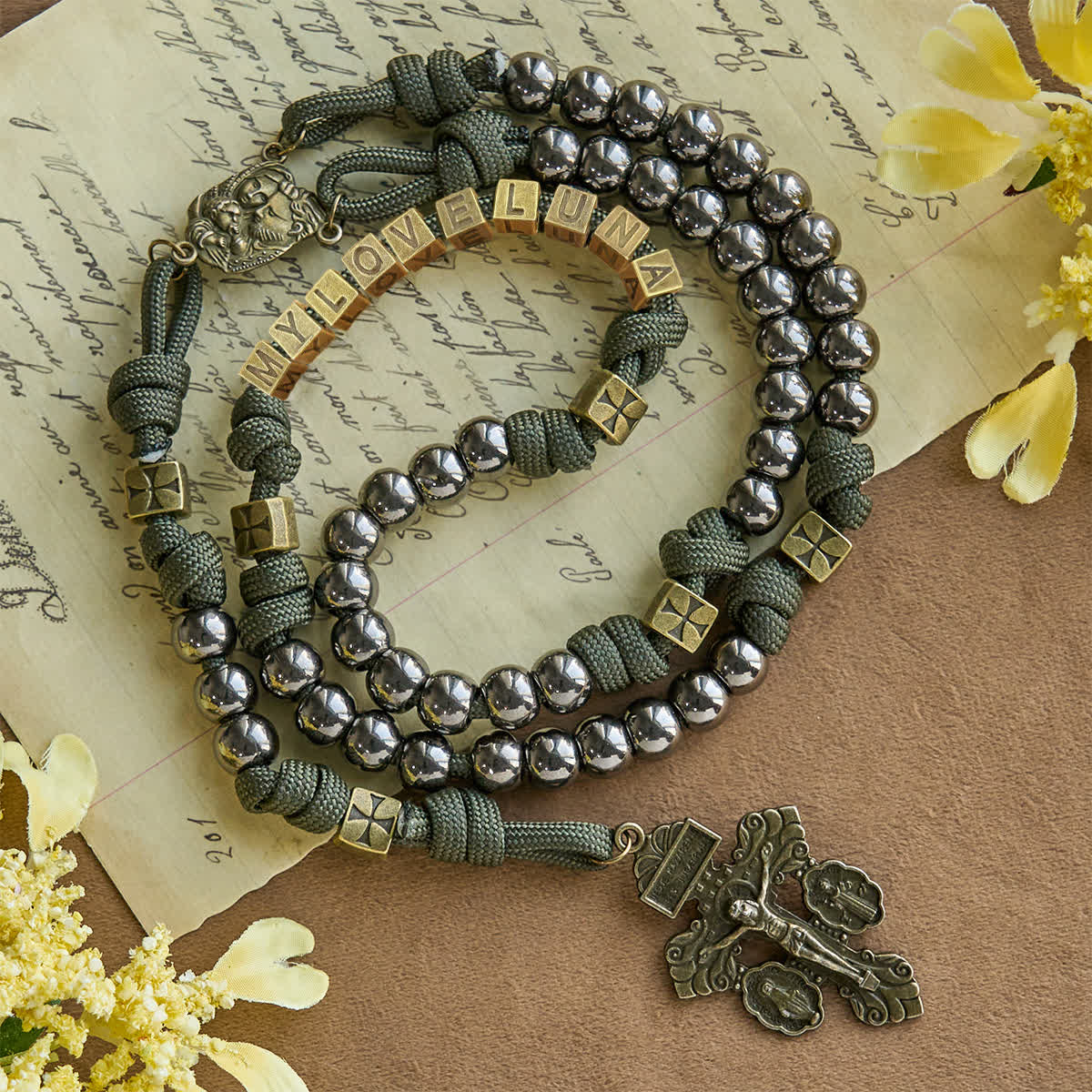 Military - Style Paracord Custom Rosary: Silver-Toned Beads & Brass JESUS