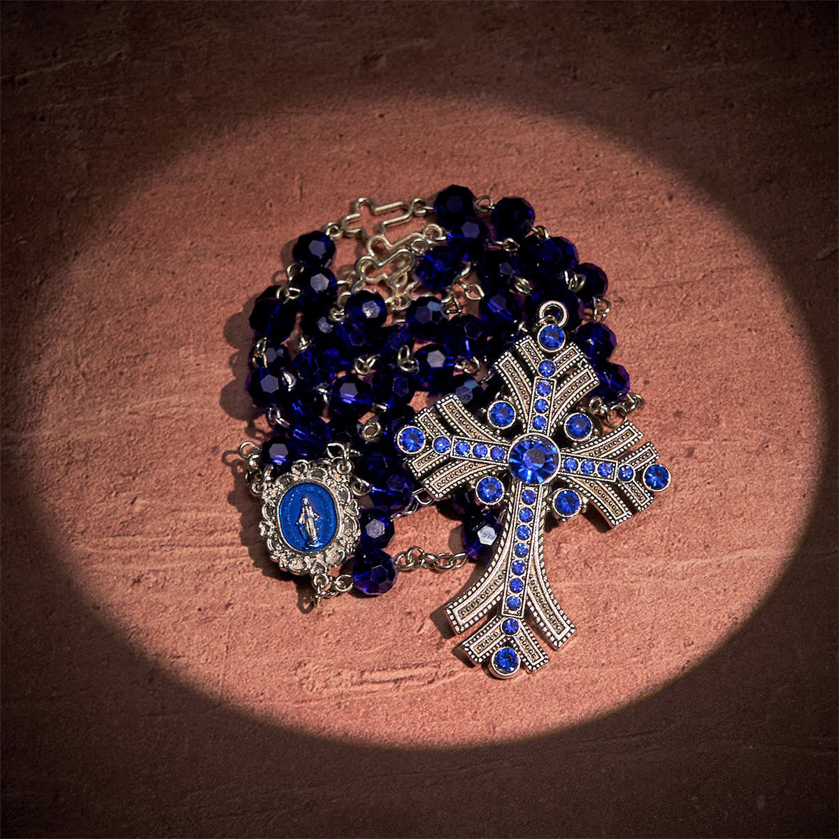 Miraculous Medal & Cross of 8 mm Polyhedron Blue Crystal Alloy Chain Rosary