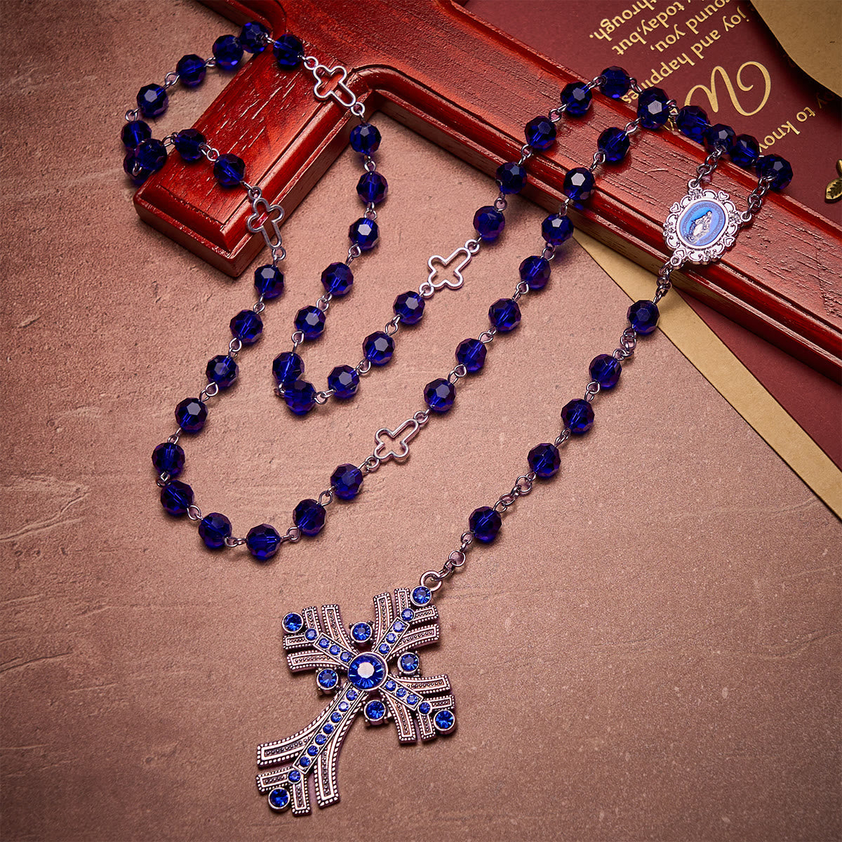 Miraculous Medal & Cross of 8 mm Polyhedron Blue Crystal Alloy Chain Rosary