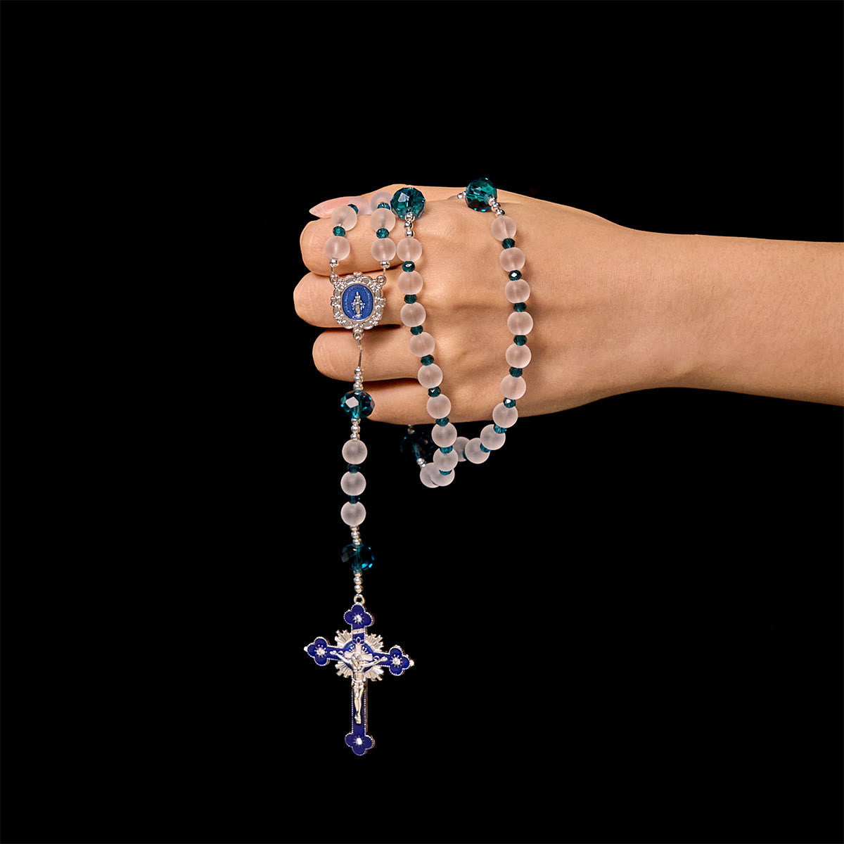 Ocean-Blue Style Frosted White Glass Rosary with Crucifix and Our Lady