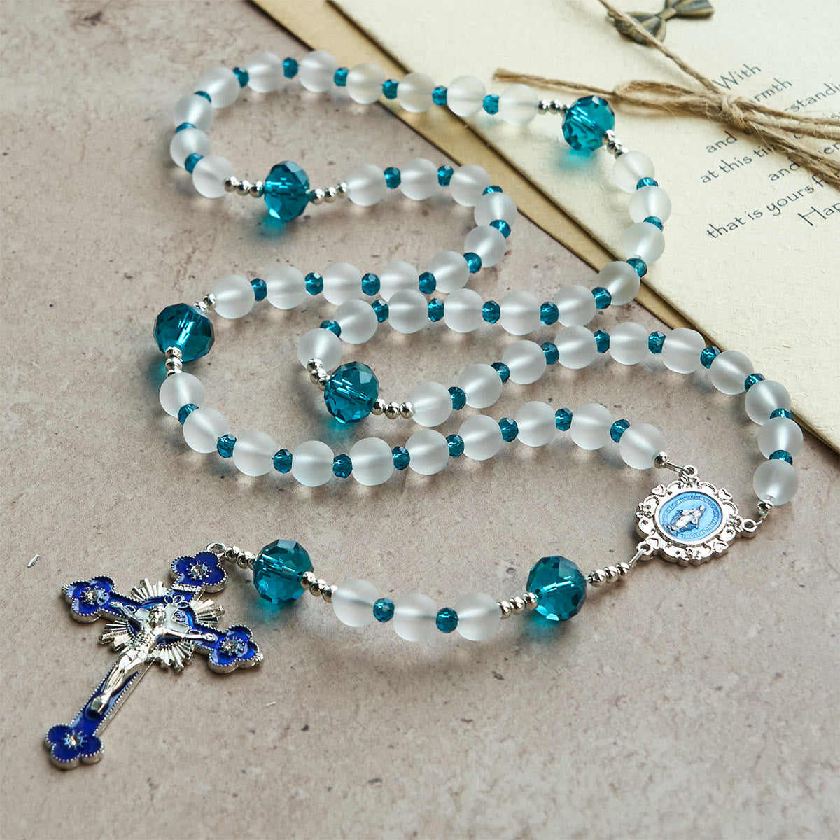 Ocean-Blue Style Frosted White Glass Rosary with Crucifix and Our Lady