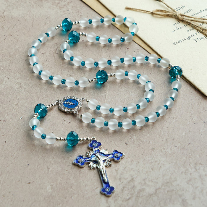 Ocean-Blue Style Frosted White Glass Rosary with Crucifix and Our Lady
