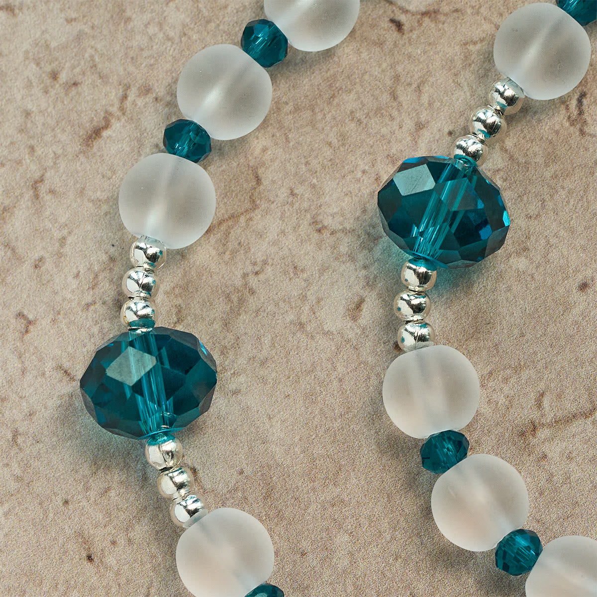 Ocean-Blue Style Frosted White Glass Rosary with Crucifix and Our Lady