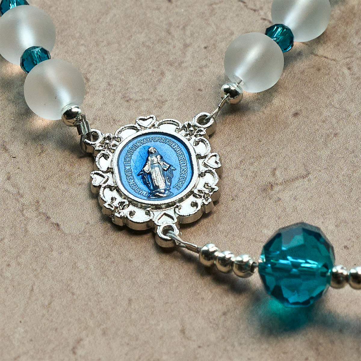 Ocean-Blue Style Frosted White Glass Rosary with Crucifix and Our Lady