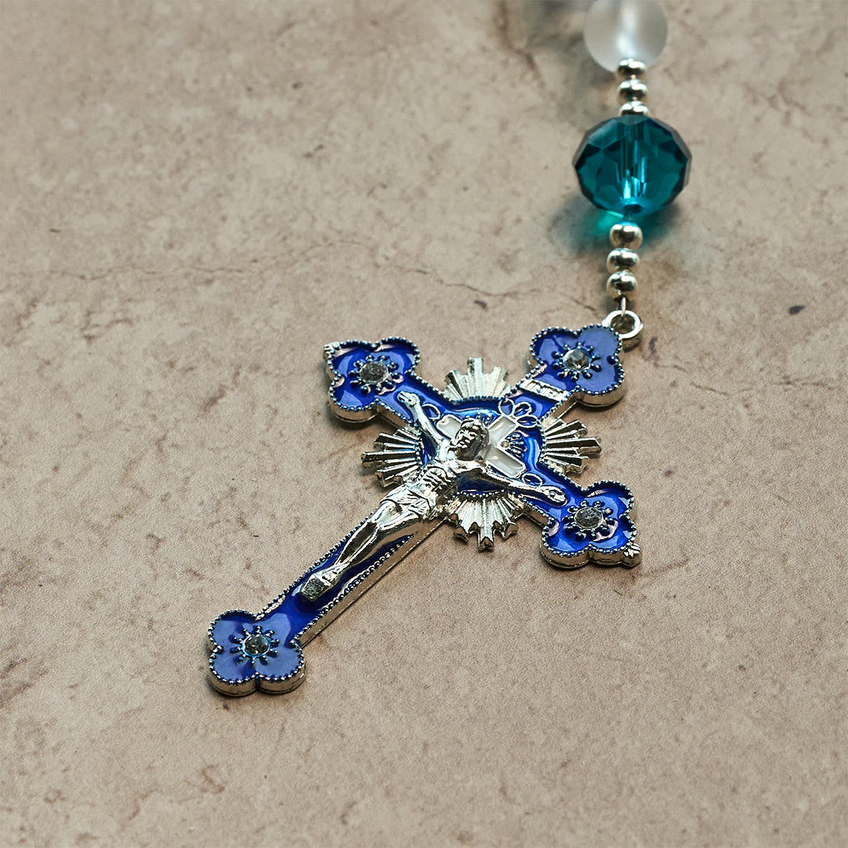 Ocean-Blue Style Frosted White Glass Rosary with Crucifix and Our Lady