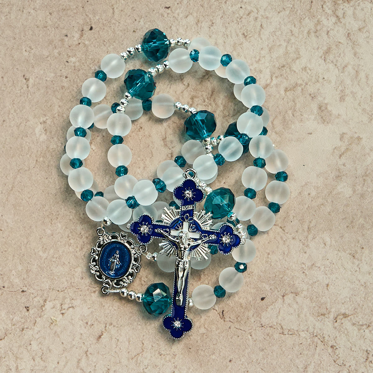 Ocean-Blue Style Frosted White Glass Rosary with Crucifix and Our Lady