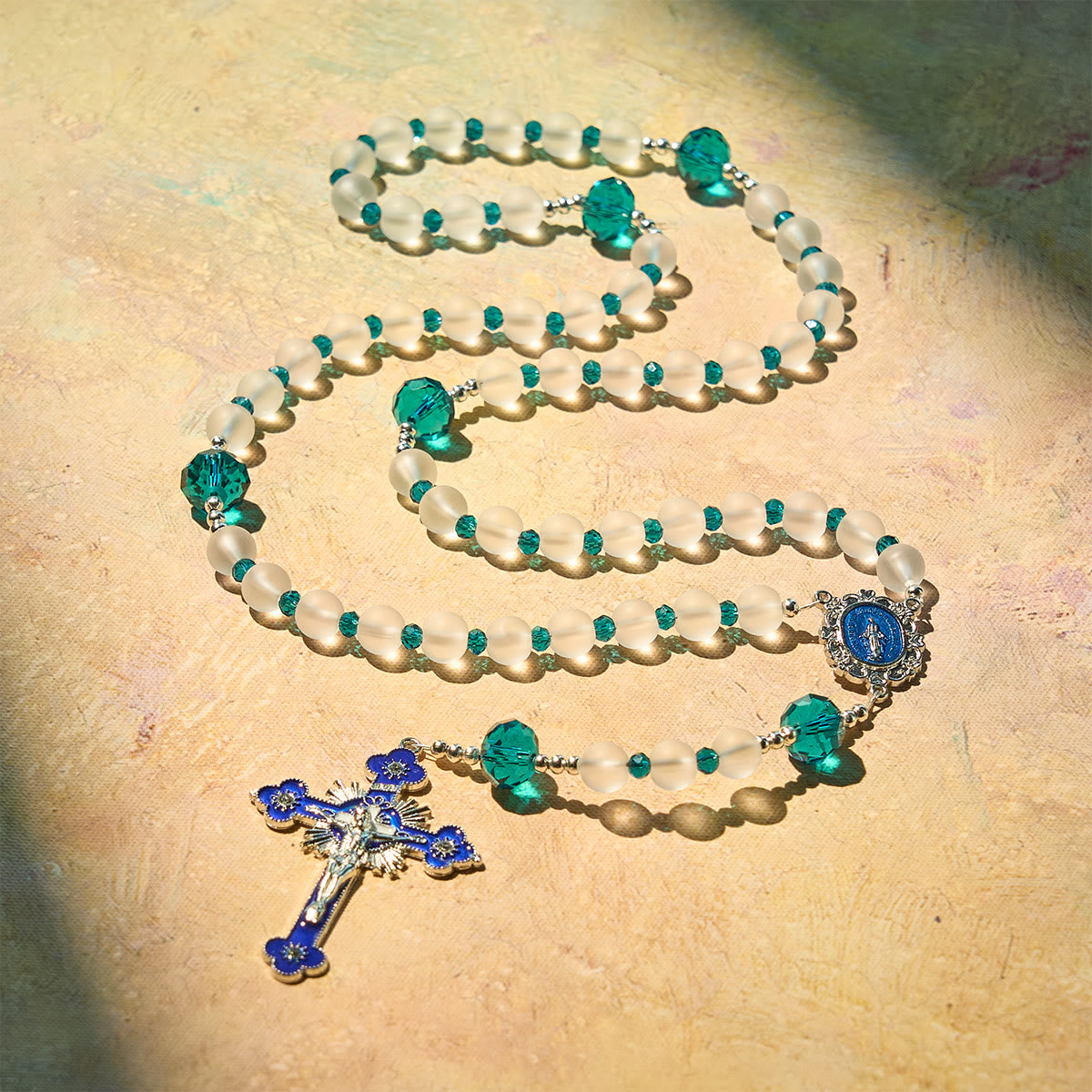 Ocean-Blue Style Frosted White Glass Rosary with Crucifix and Our Lady