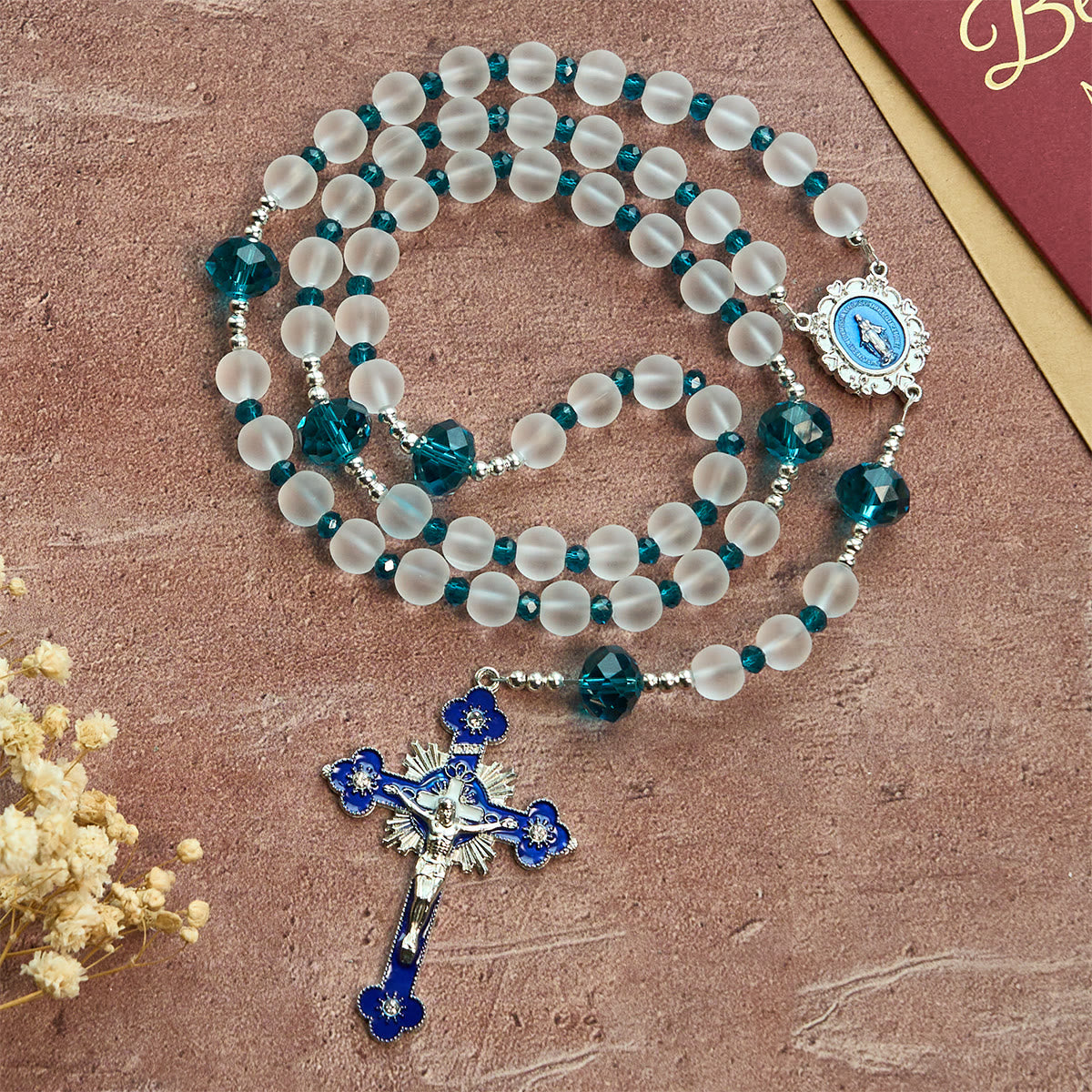 Ocean-Blue Style Frosted White Glass Rosary with Crucifix and Our Lady