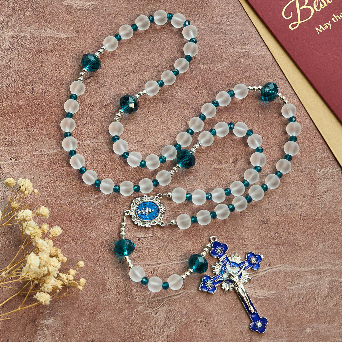 Ocean-Blue Style Frosted White Glass Rosary with Crucifix and Our Lady