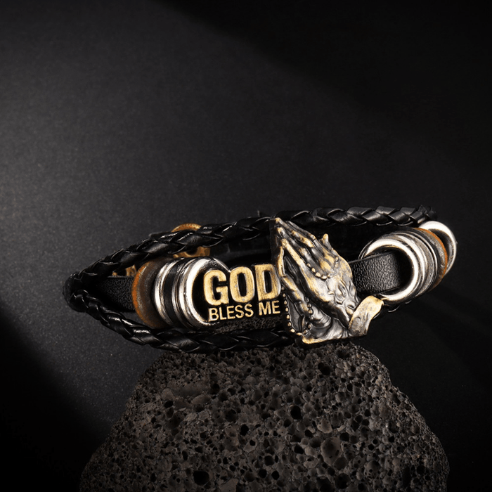 Retro - Style Praying Hands Bracelet GOD BLESS ME Black Braided Design