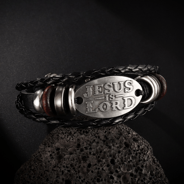 Black Braided Leather Bracelet with JESUS IS LORD Inscription