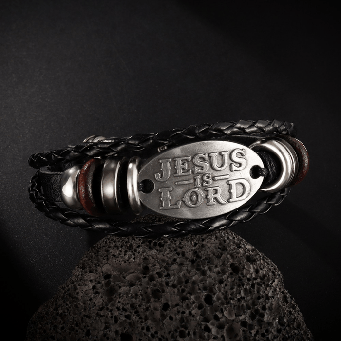 Black Braided Leather Bracelet with JESUS IS LORD Inscription