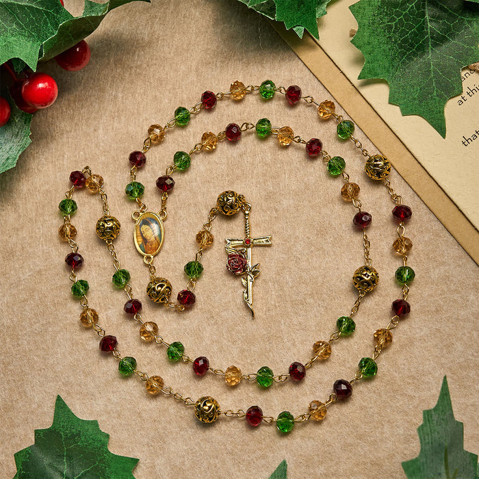 Vintage Red Green Faceted Beads Christmas Rosary with Our Lady & Rose Crucifix
